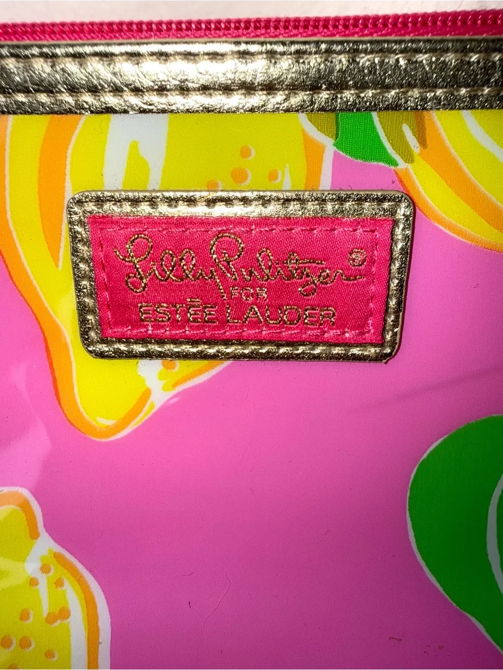 Lilly Pulitzer for Estée Lauder cosmetic bag, pink w/ yellow lemons